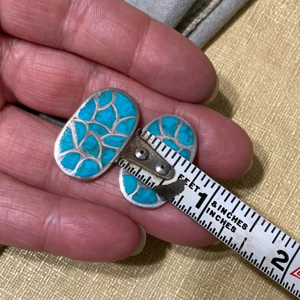 VINTAGE NATIVE AMERICAN ZUNI TURQUOISE INLAY STERLING SILVER CUFFLINKS